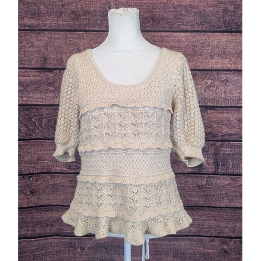 Boston Proper Women's Cotton Crochet Puff Sleeve Sweater Top Boho Sweet Size Sm‎